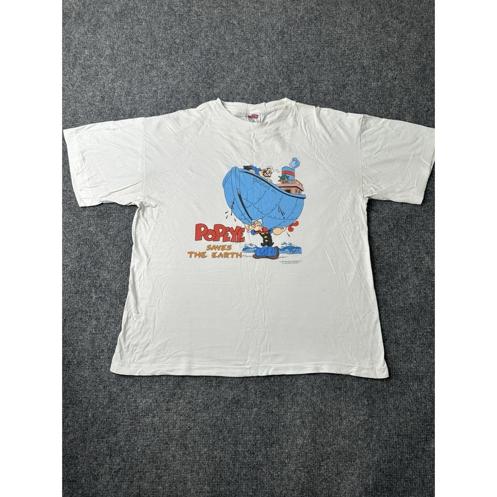 Mens 1993 Popeye Saves The Earth Graphic White T-Shirt Made in Peru, Size L